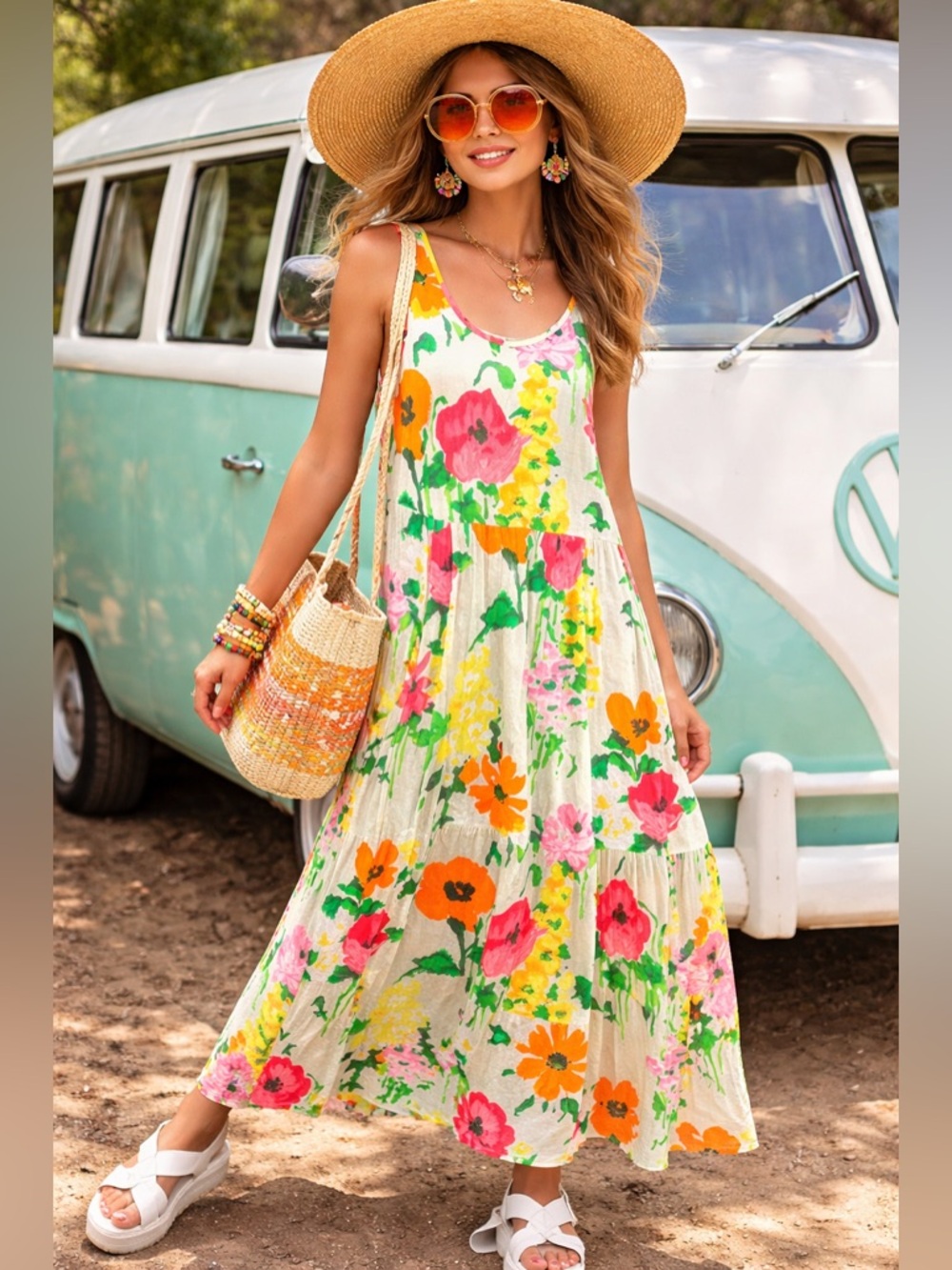 JAMS WORLD Vintage Floral Midi Dress Size Large Baby Doll Painted W334